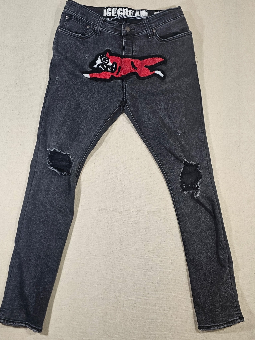 Icecream Black Distressed Men's Jeans with Red Patch 32x32